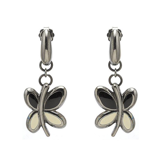 Black and White Petals Silver Earrings (Silver)