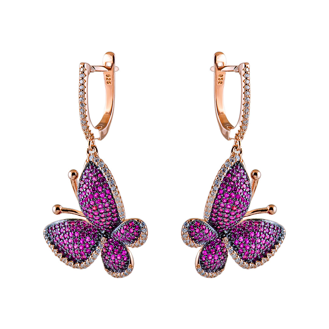 Gold Plated Butterfly Earrings with Pink Crystals