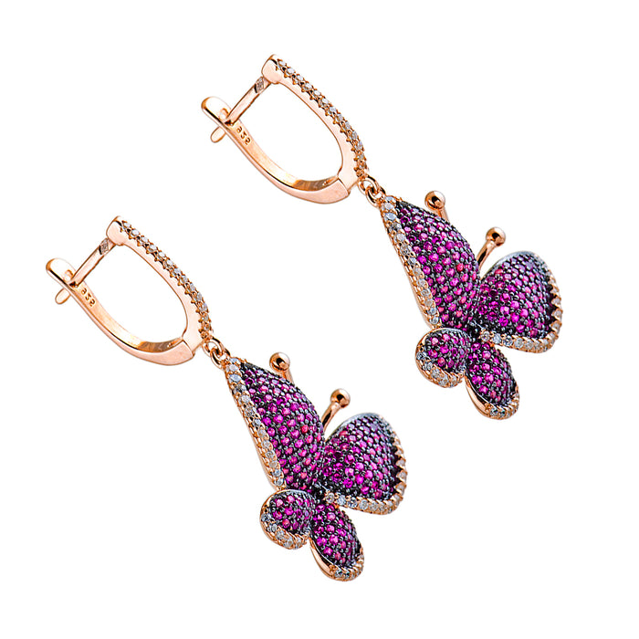 Gold Plated Butterfly Earrings with Pink Crystals