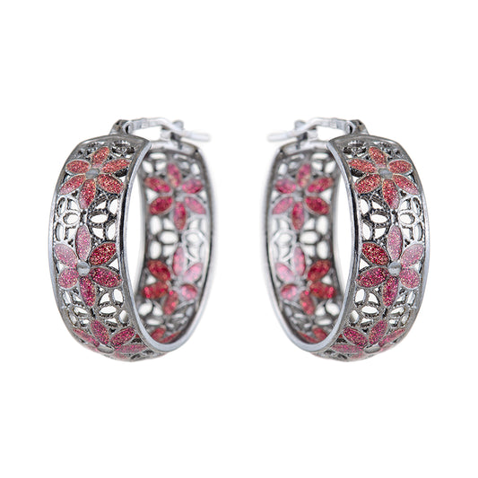 Silver Earrings with Pink Flowers