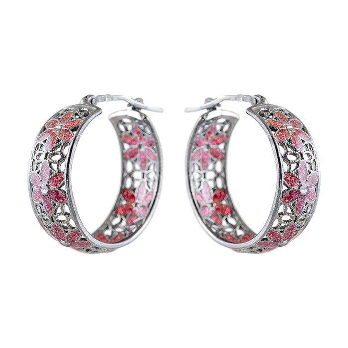 Silver Earrings with Pink Flowers