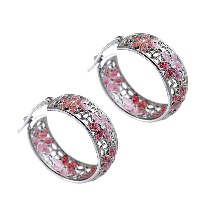 Silver Earrings with Pink Flowers