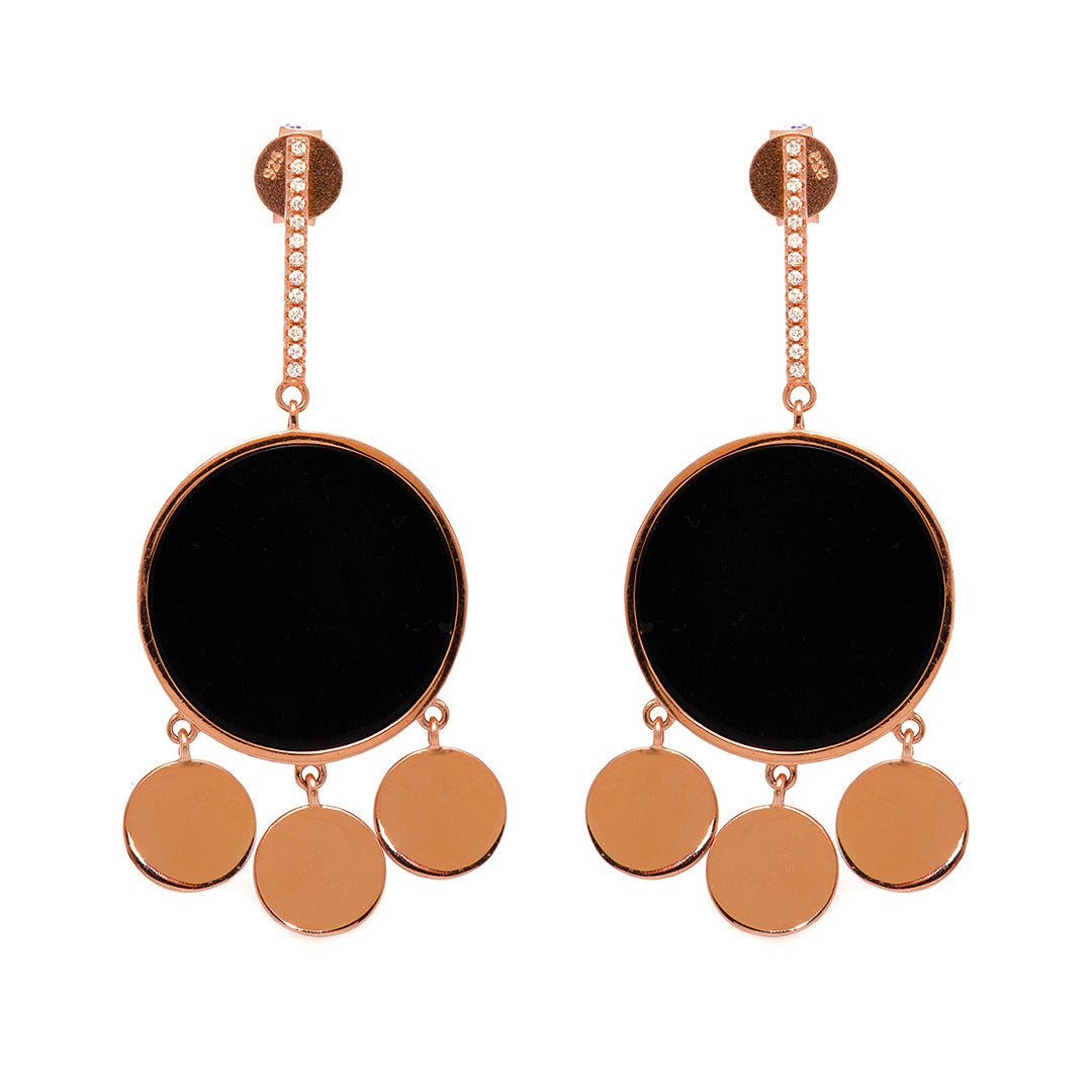 Gold Plated Circular Earrings with Black Center and Crystals