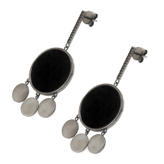 Silver Circular Earrings with Black Center and Crystals