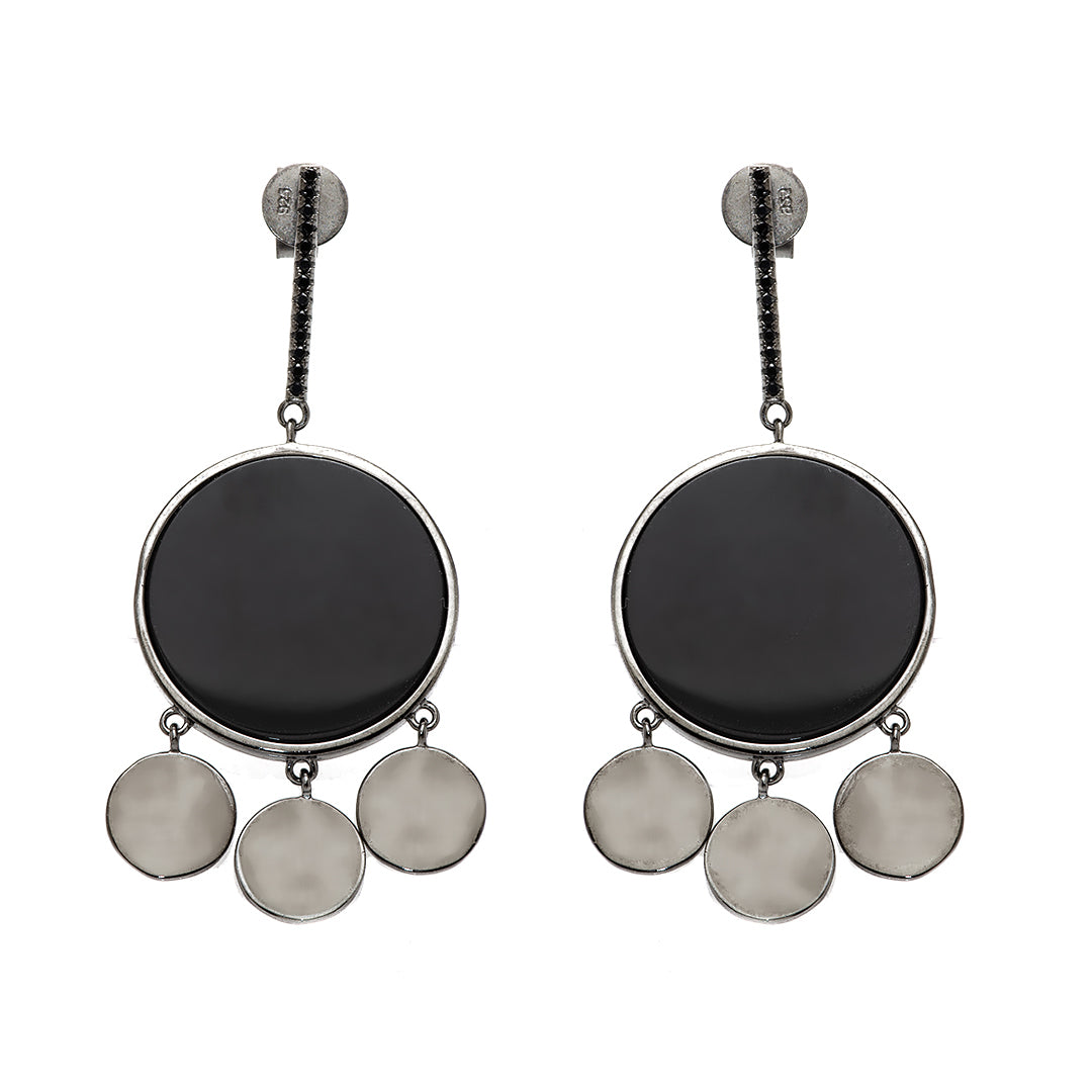 Silver Circular Earrings with Black Center and Crystals