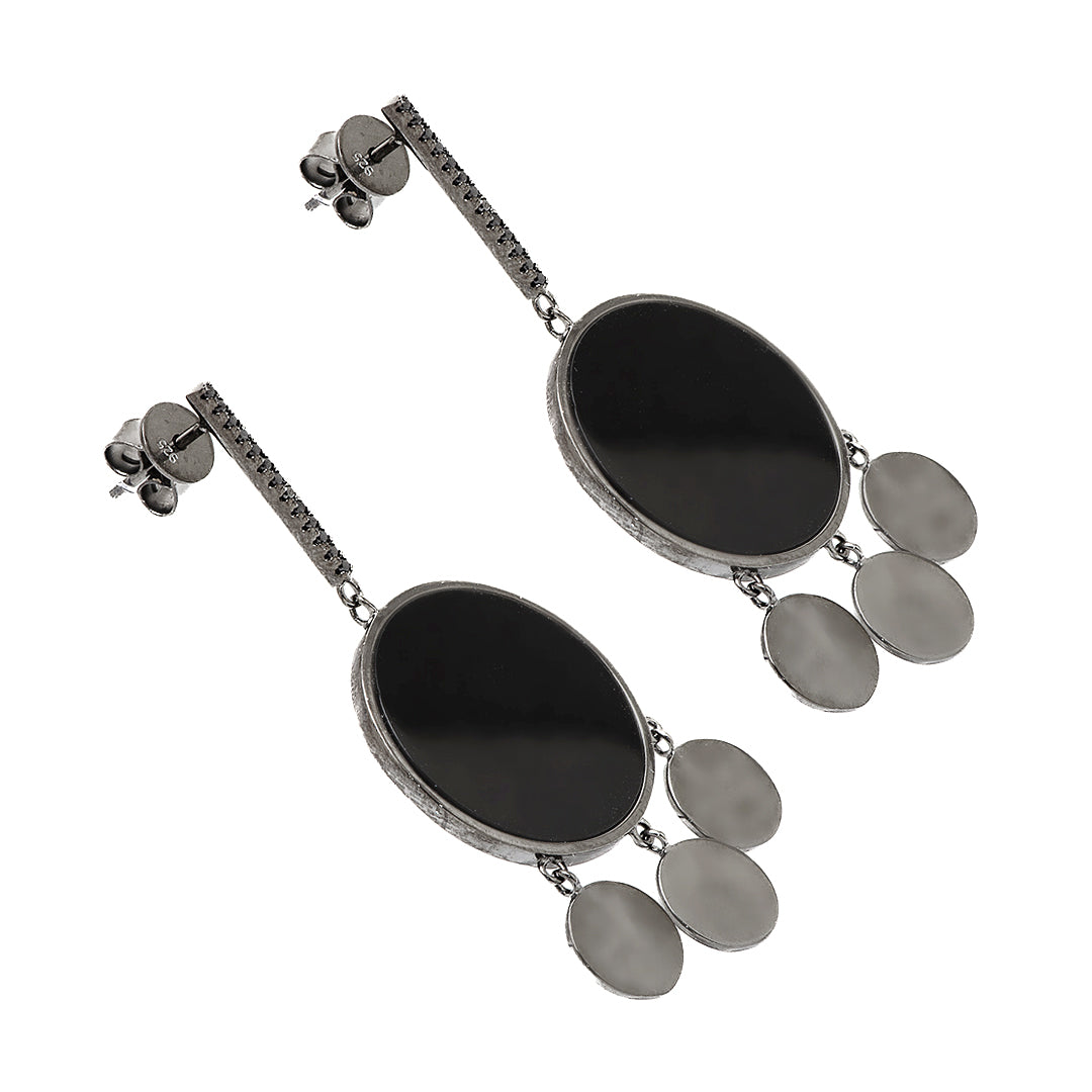 Silver Circular Earrings with Black Center and Crystals