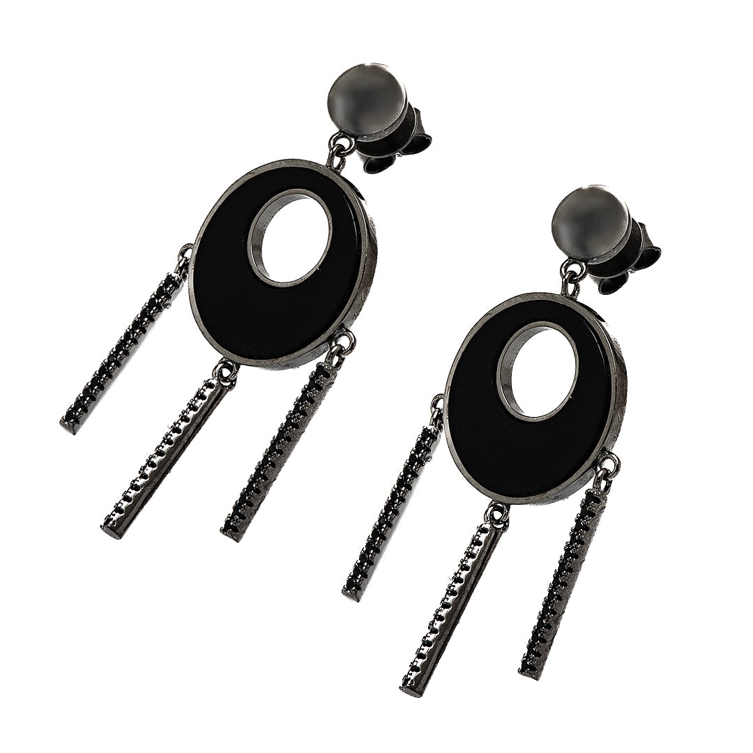 Silver Circular Earrings with Black Center and Crystals