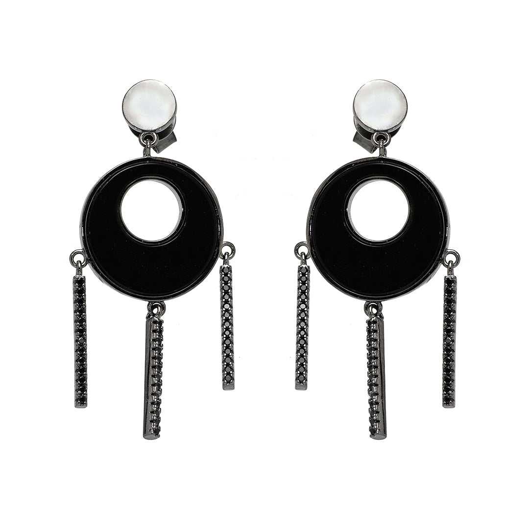 Silver Circular Earrings with Black Center and Crystals