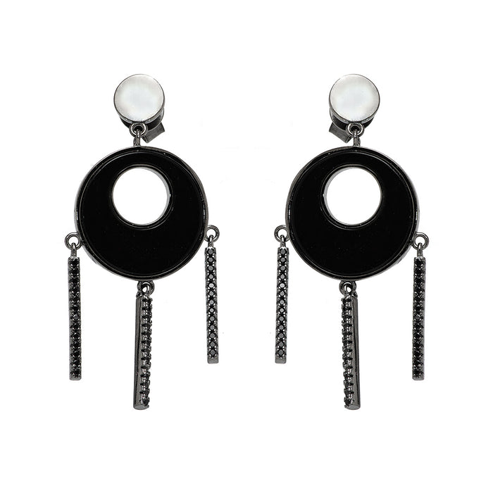 Silver Circular Earrings with Black Center and Crystals