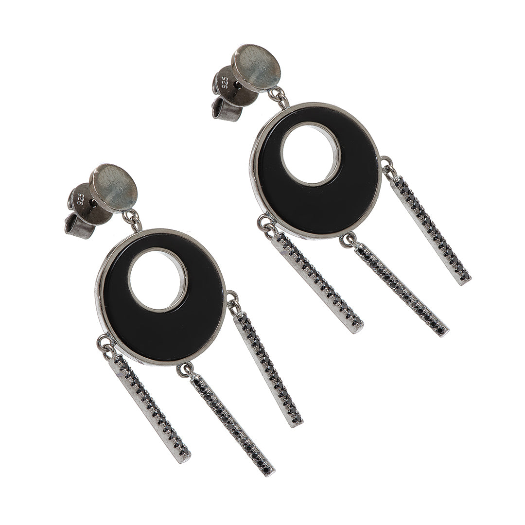 Silver Circular Earrings with Black Center and Crystals