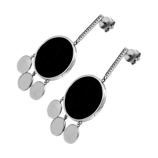 Silver Circular Earrings with Black Center and Crystals