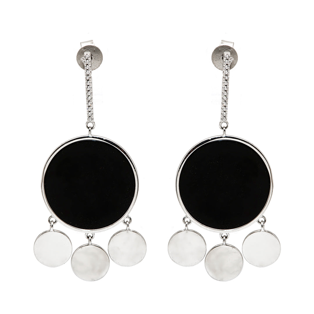 Silver Circular Earrings with Black Center and Crystals