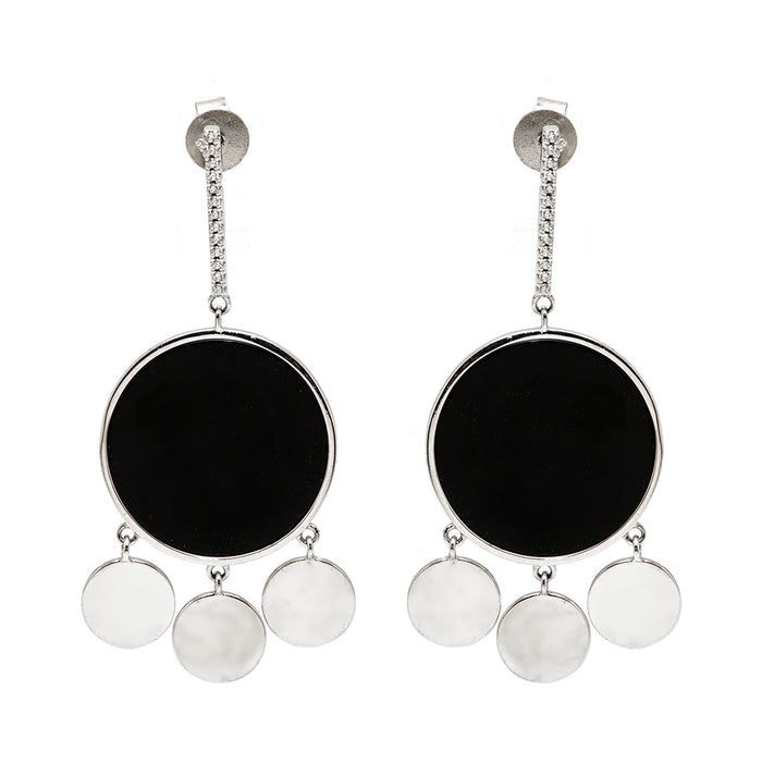 Silver Circular Earrings with Black Center and Crystals