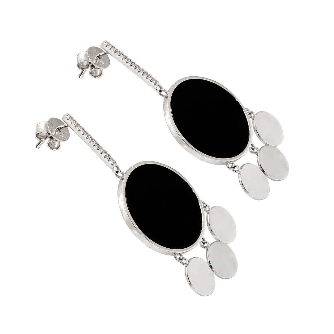 Silver Circular Earrings with Black Center and Crystals