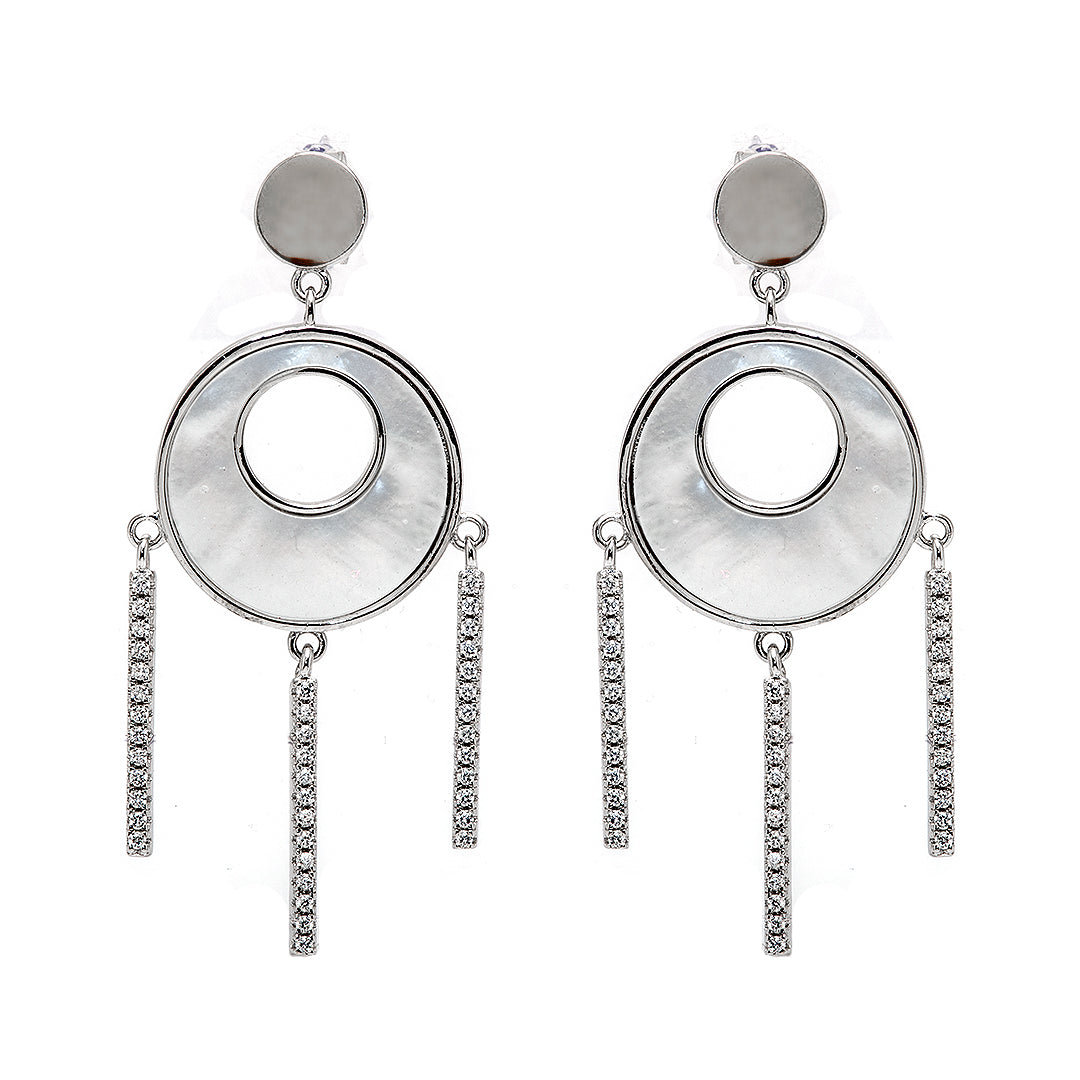 Silver Circular Earrings with White Center and Crystals