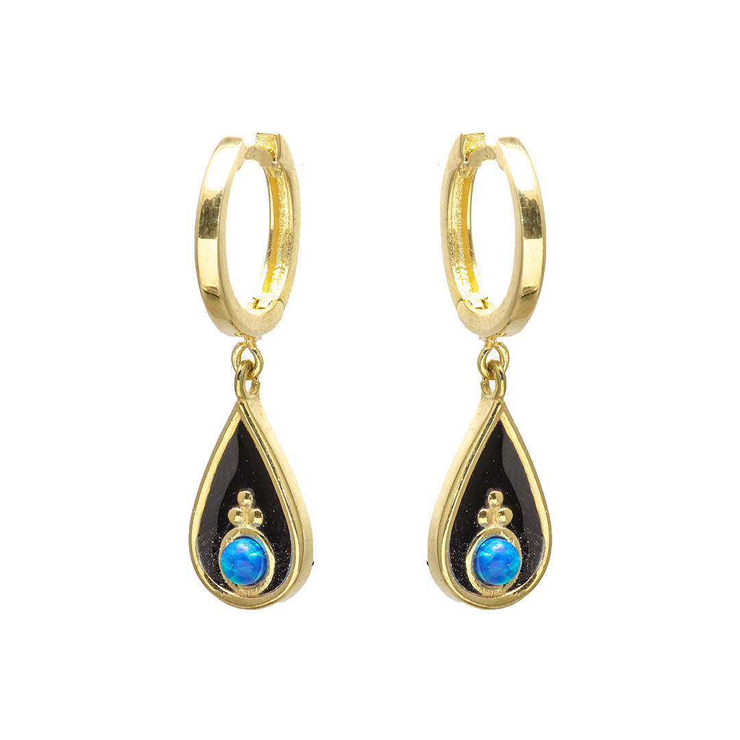 Gold Plated Water Droplet Earrings with Black Center