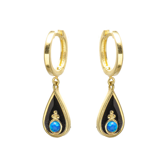 Gold Plated Water Droplet Earrings with Black Center