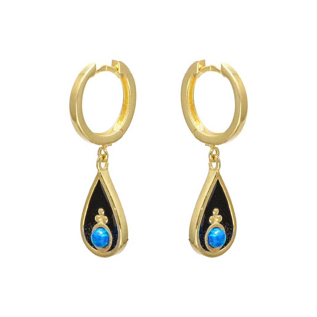 Gold Plated Water Droplet Earrings with Black Center