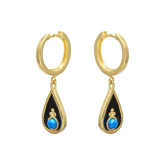 Gold Plated Water Droplet Earrings with Black Center