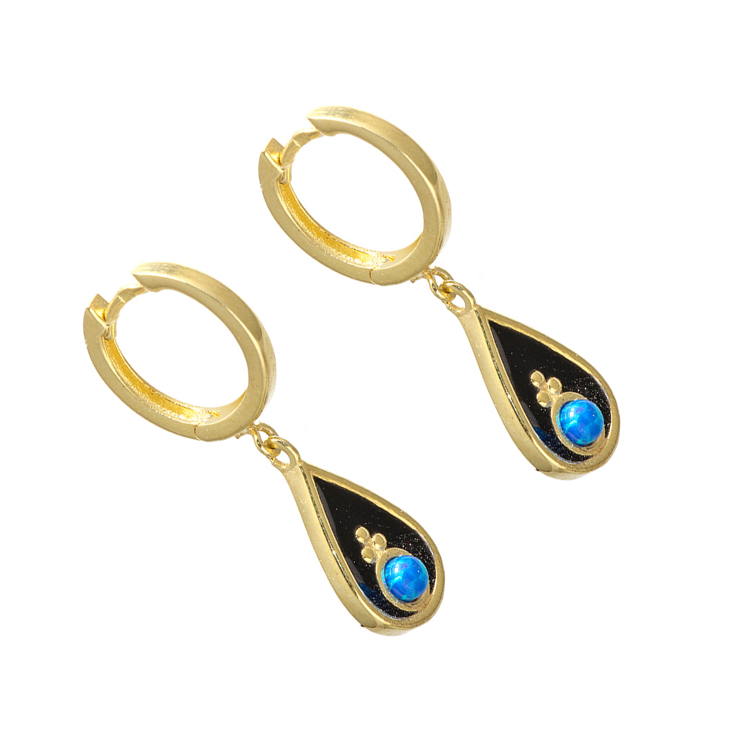 Gold Plated Water Droplet Earrings with Black Center