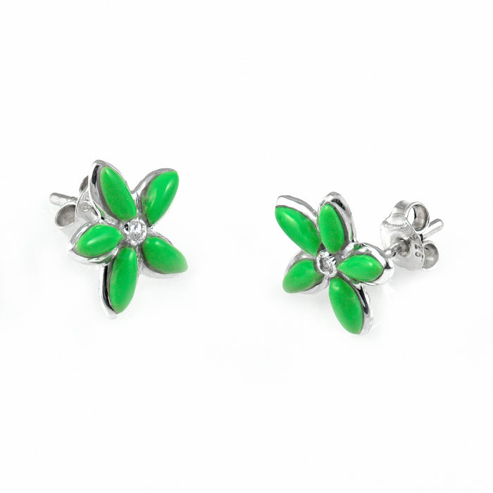 Green Flower Silver Earrings