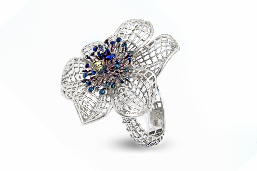Silver and Blue Flower Ring by Roberto Bravo