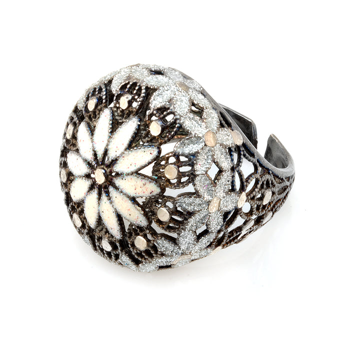 White Floral Ring with Crystals