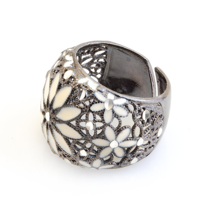 White Floral Silver Ring