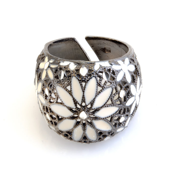 White Floral Silver Ring
