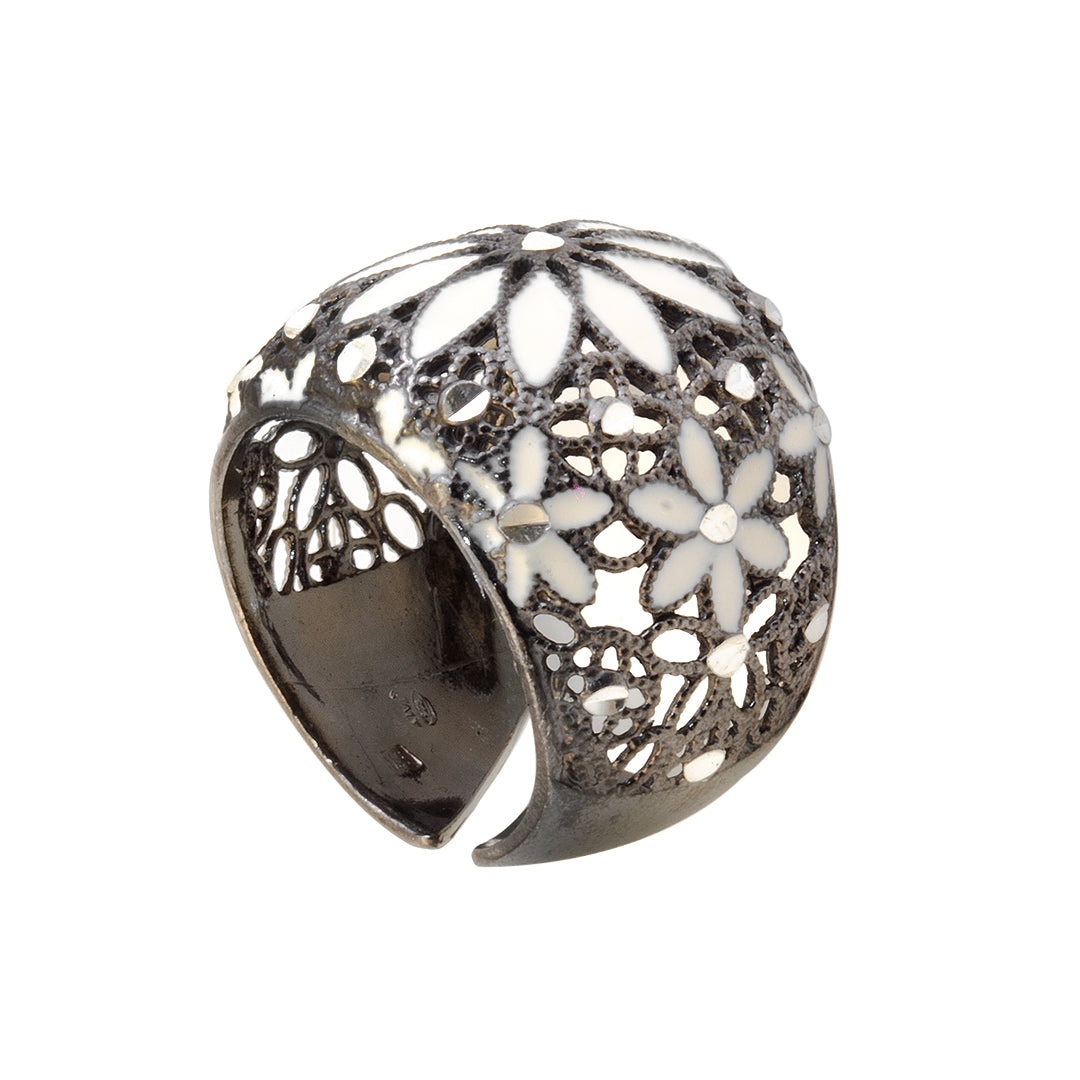 White Floral Silver Ring