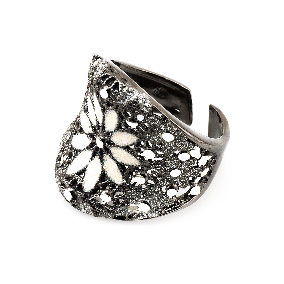 White Floral Silver Ring