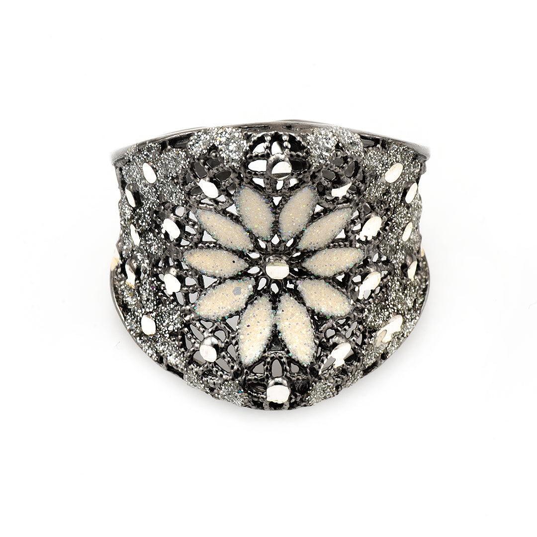 White Floral Silver Ring