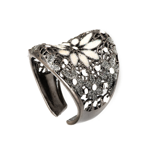 White Floral Silver Ring