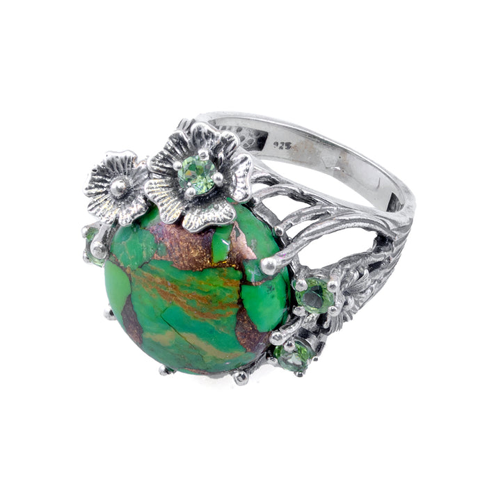 Green Floral Silver Ring