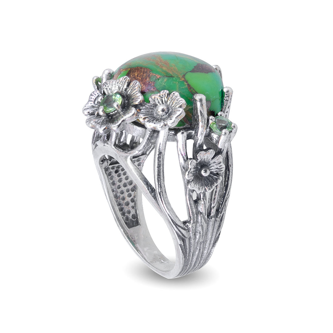 Green Floral Silver Ring