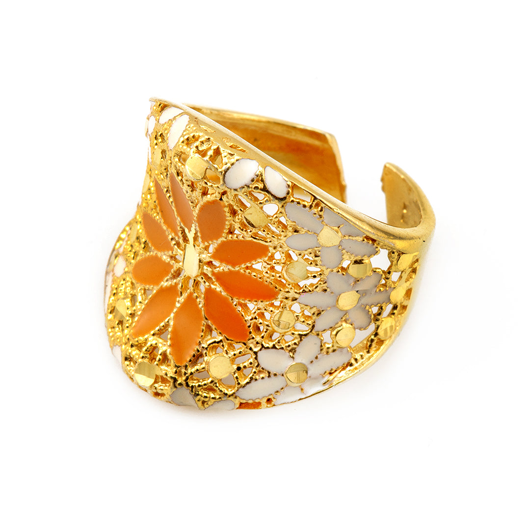 Orange and Gold Floral Silver Ring