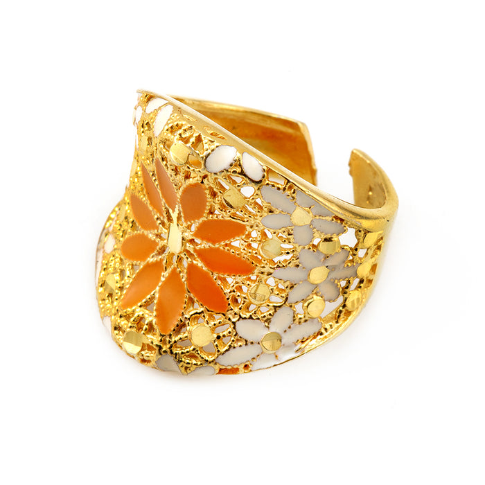 Orange and Gold Floral Silver Ring