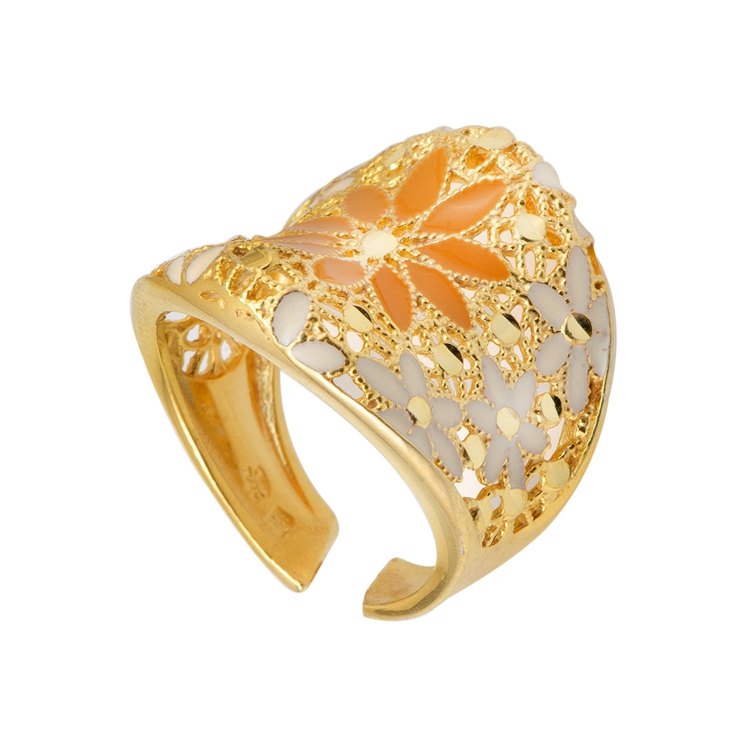 Orange and Gold Floral Silver Ring