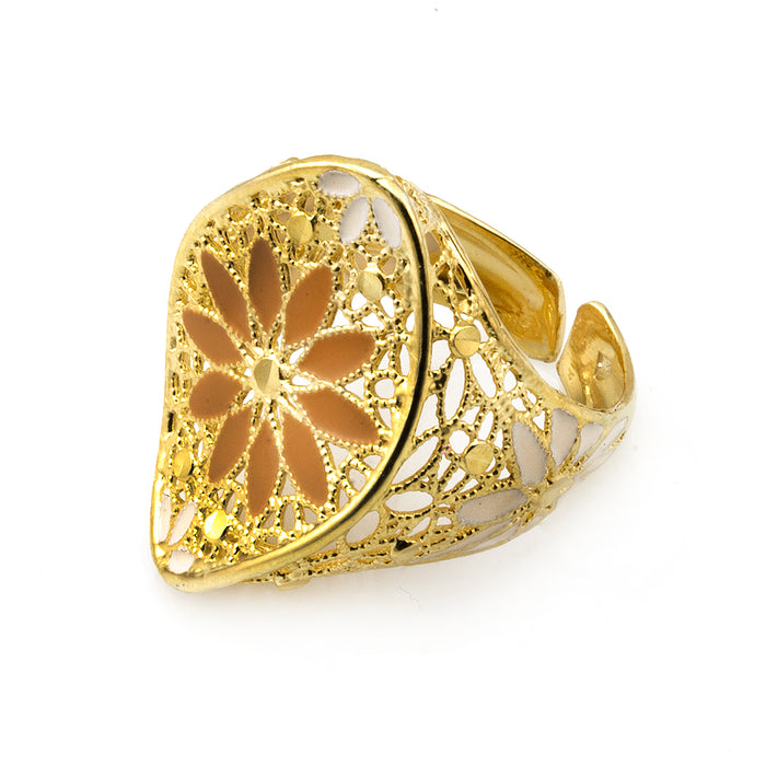 Gold Oval Floral Silver Ring