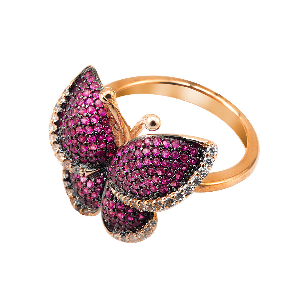 Pink and Gold Butterfly Silver Ring