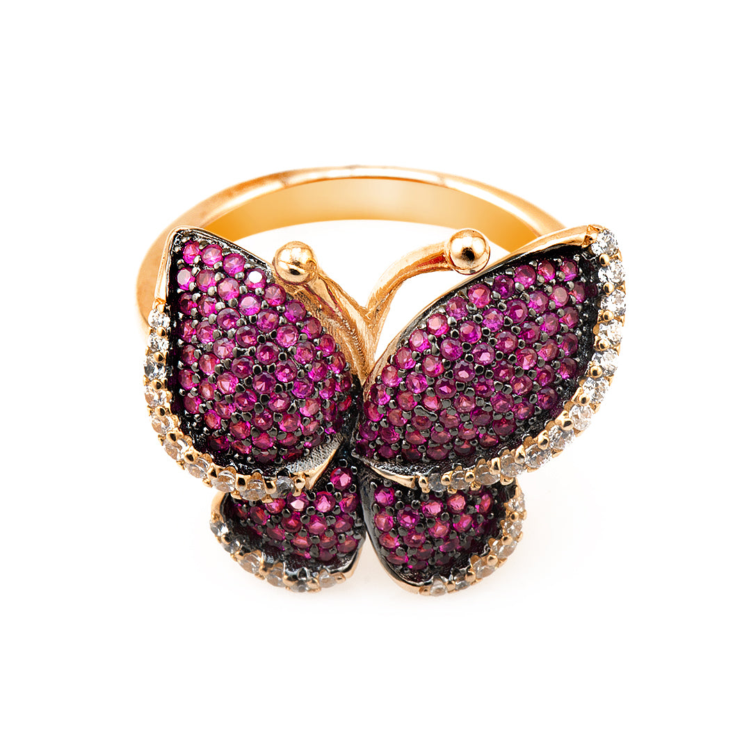 Pink and Gold Butterfly Silver Ring