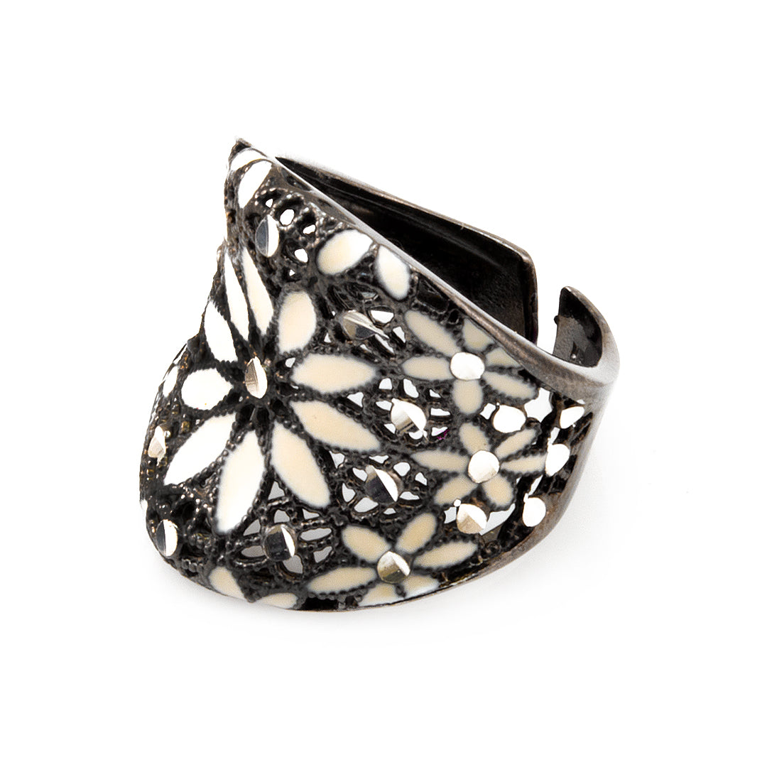 White Floral Silver Ring