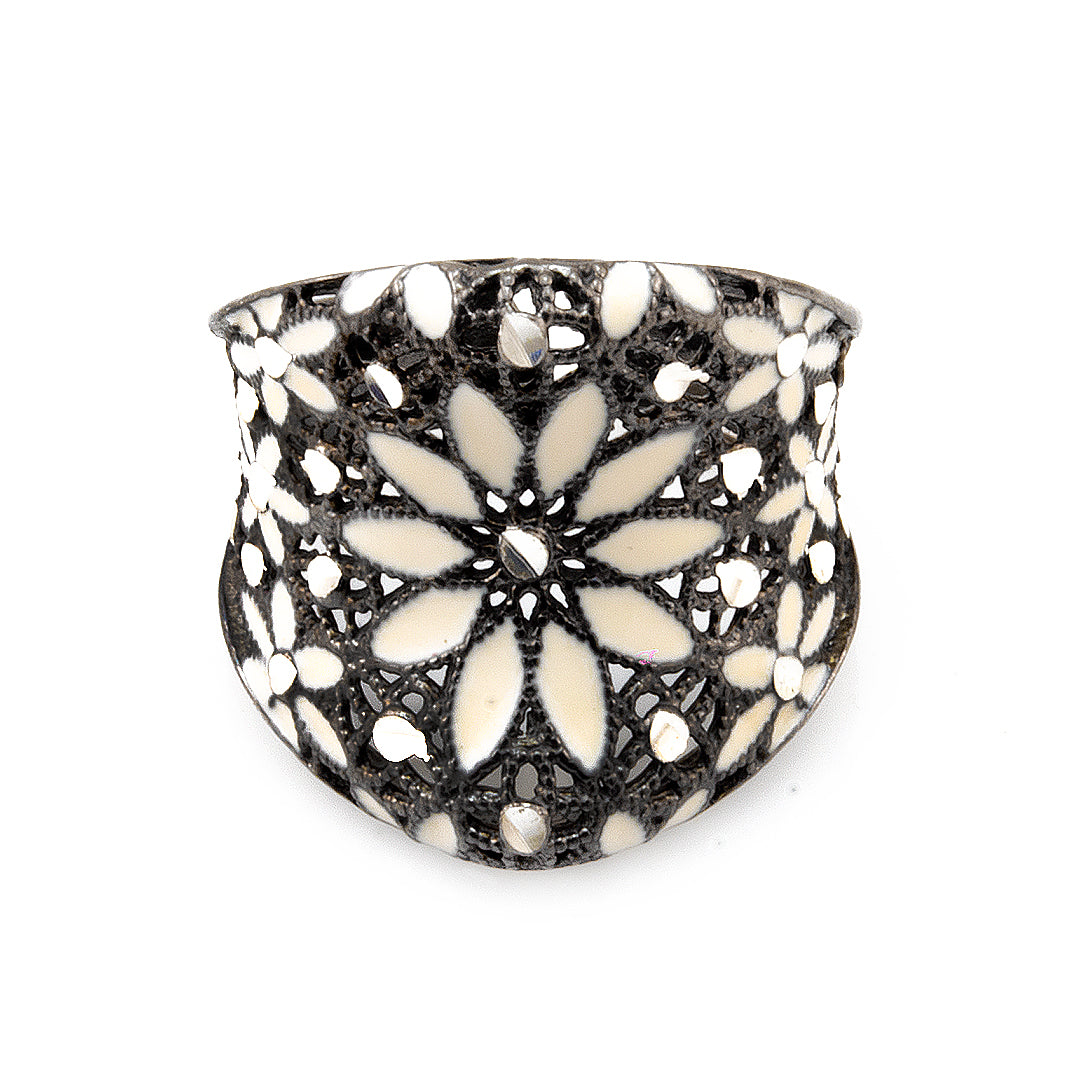 White Floral Silver Ring