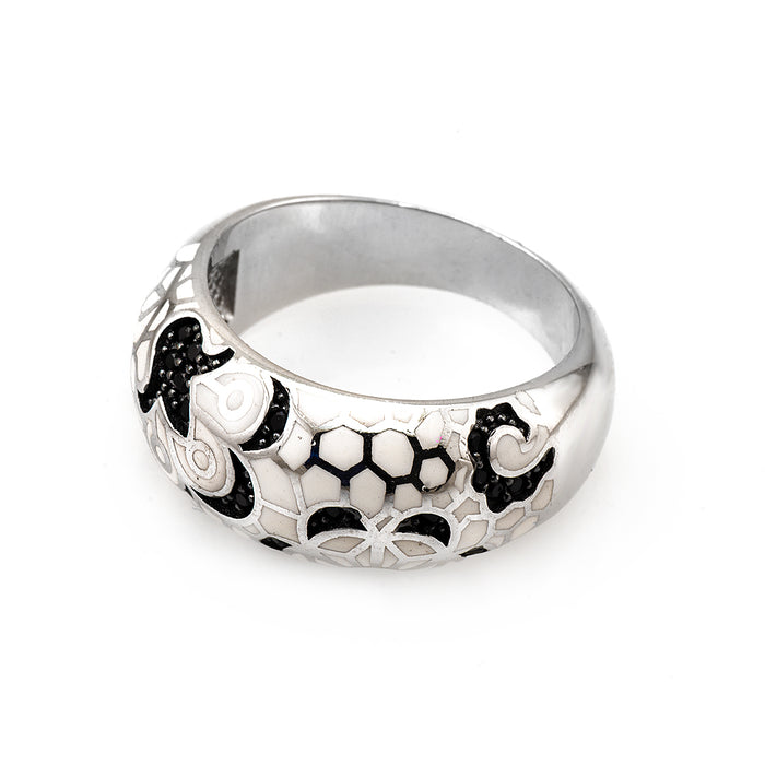 Black and White Patterned Silver Ring