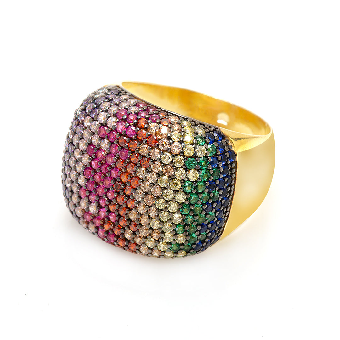 Gold Plated Silver Ring with Rainbow Colored Crystals