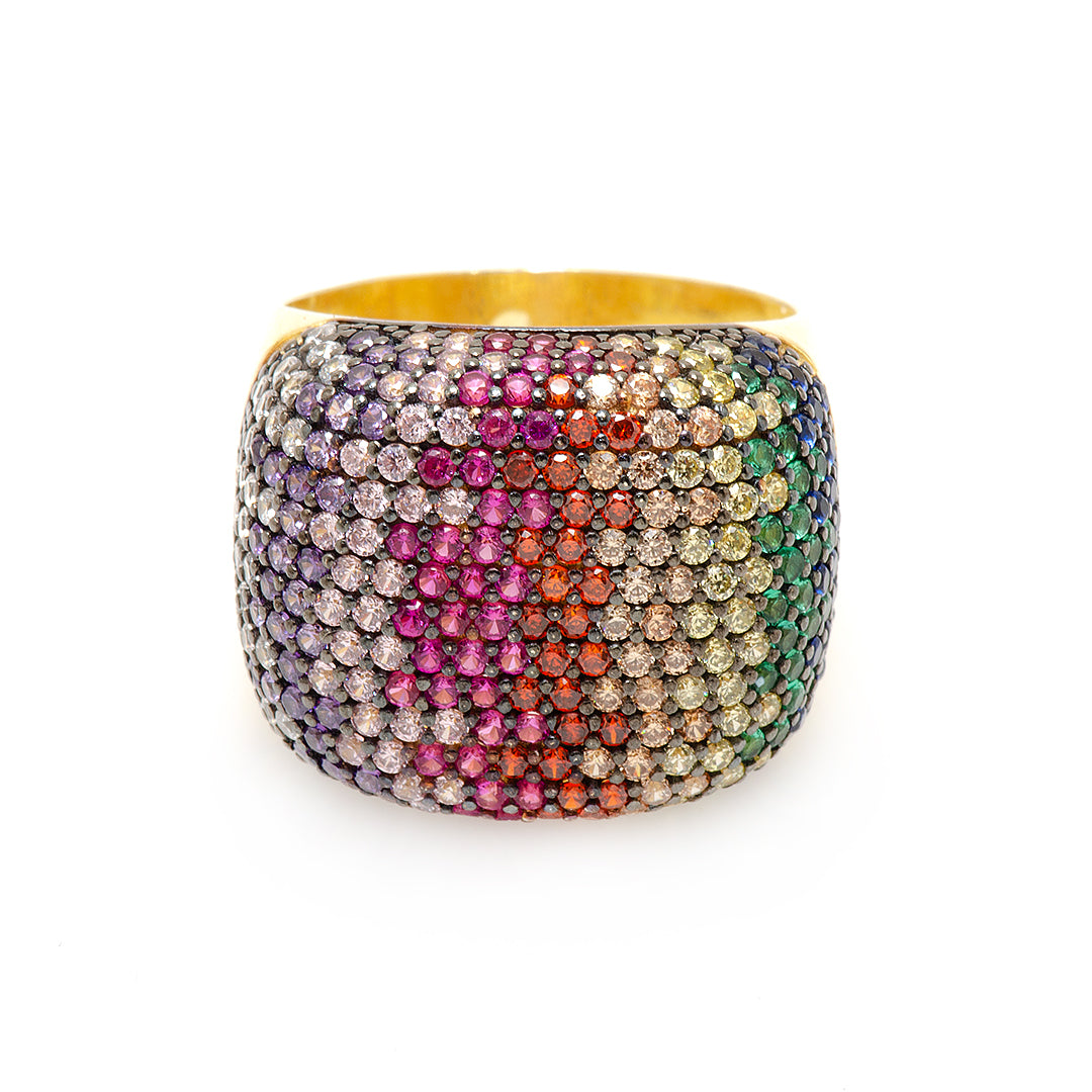 Gold Plated Silver Ring with Rainbow Colored Crystals