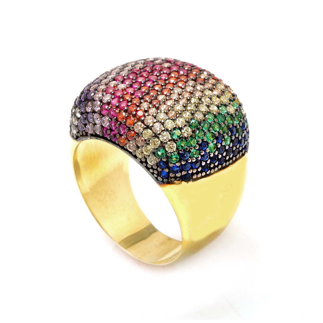 Gold Plated Silver Ring with Rainbow Colored Crystals