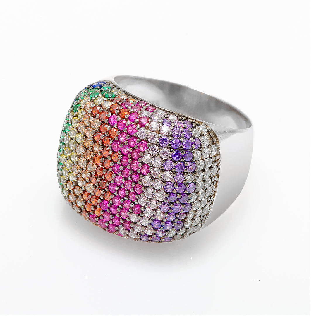 Silver Ring with Rainbow Colored Crystals