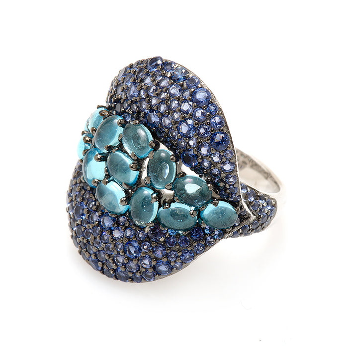 Silver Ring with Blue and Turquoise Man Made Stones