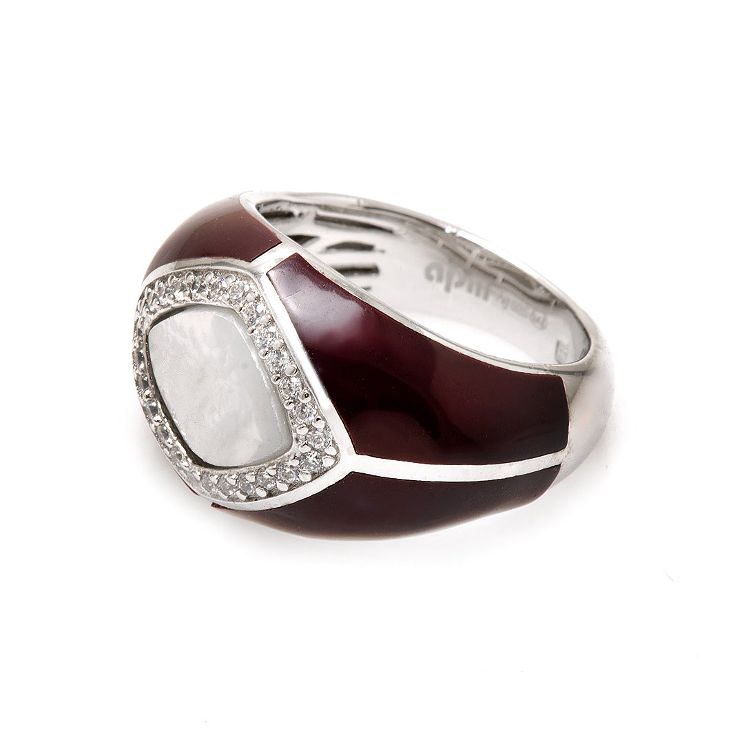 Silver and Maroon Ring with Crystals and Man Made Stone